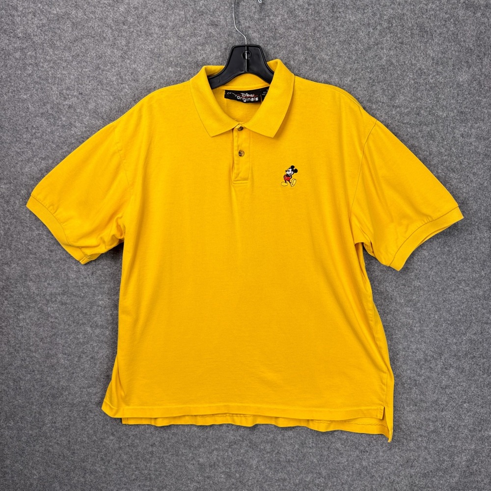 Disney Originals‎ Polo Shirt XL Yellow Cotton Embroidered Mickey Mouse Short Slv